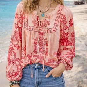 Calypso St Barth Tropical Peasant Top Blouse Pink Size L Beaded Tassels